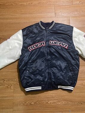 Rocawear Black Satin Bomber Jacket with White Sleeves